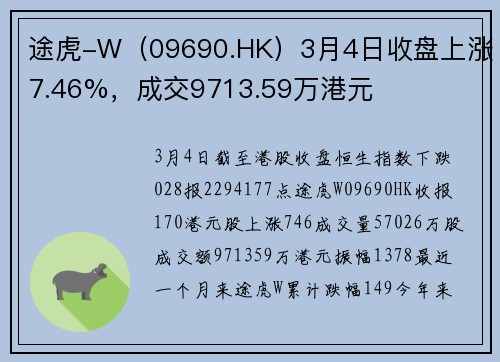 途虎-W（09690.HK）3月4日收盘上涨7.46%，成交9713.59万港元