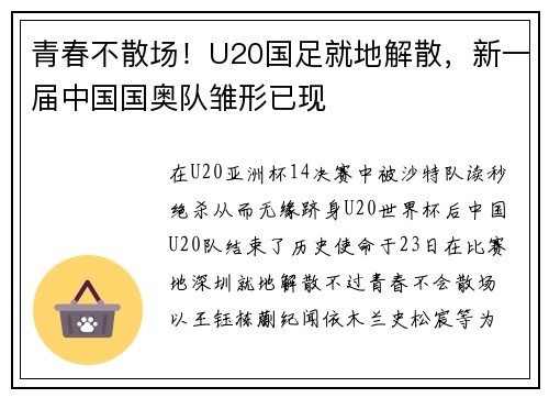 青春不散场！U20国足就地解散，新一届中国国奥队雏形已现