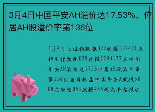 3月4日中国平安AH溢价达17.53%，位居AH股溢价率第136位