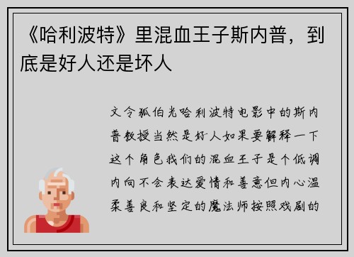 《哈利波特》里混血王子斯内普，到底是好人还是坏人
