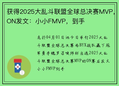 获得2025大乱斗联盟全球总决赛MVP，ON发文：小小FMVP，到手