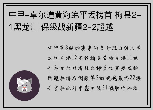中甲-卓尔遭黄海绝平丢榜首 梅县2-1黑龙江 保级战新疆2-2超越