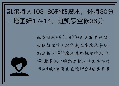 凯尔特人103-86轻取魔术，怀特30分，塔图姆17+14，班凯罗空砍36分